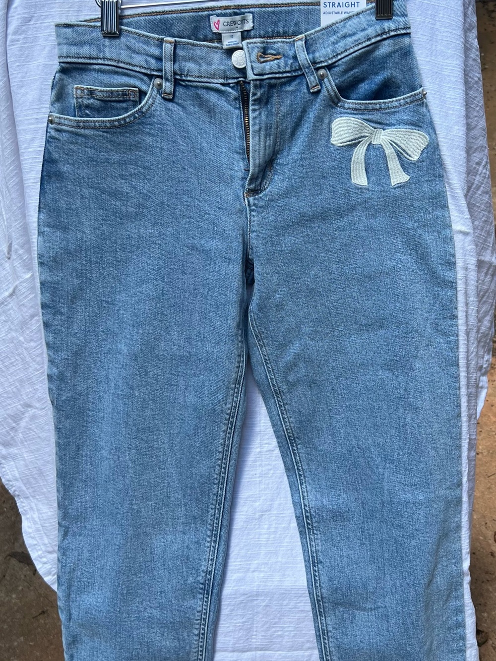 Crewcuts Light Blue Straight-Leg Jeans with Cream Bow embroidery size 12